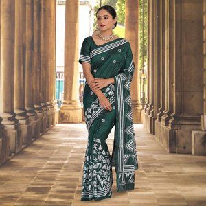 Green color kantha work saree